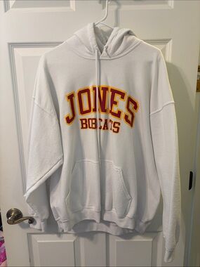 Gildan White Hoodie with Gold and Red 'Jones Bobcats' Logo
